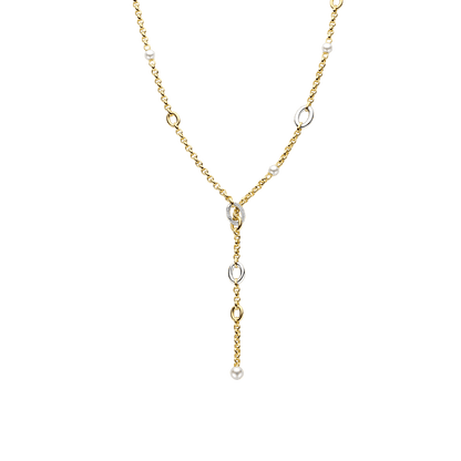 TI SENTO Sterling Silver & Gold Plated Two Tone Cubic Zirconia & Pearl Set Lariat Necklace