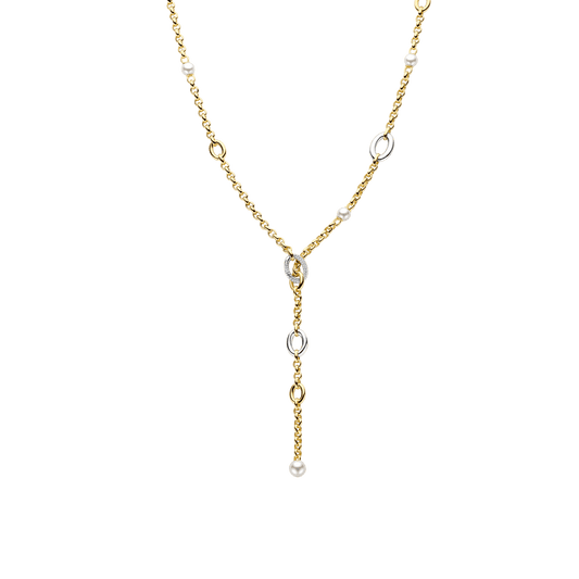 TI SENTO Sterling Silver & Gold Plated Two Tone Cubic Zirconia & Pearl Set Lariat Necklace