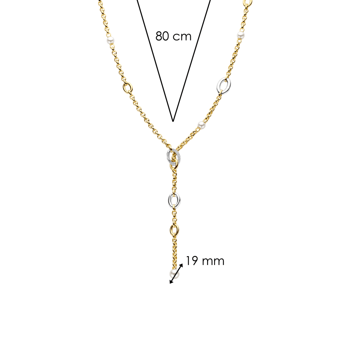 TI SENTO Sterling Silver & Gold Plated Two Tone Cubic Zirconia & Pearl Set Lariat Necklace