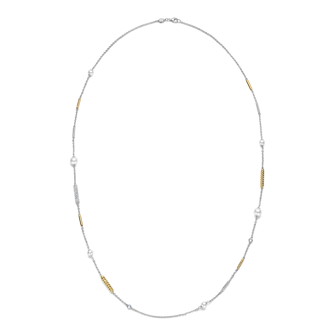 TI SENTO Sterling Silver & Gold Plated Two Tone Cubic Zirconia & Pearl Set Necklace