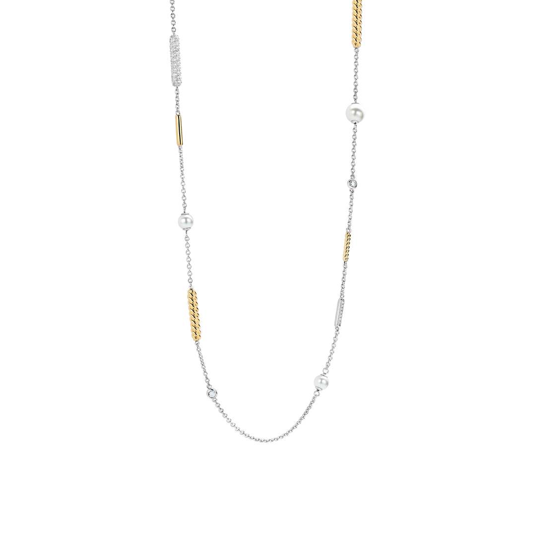 TI SENTO Sterling Silver & Gold Plated Two Tone Cubic Zirconia & Pearl Set Necklace