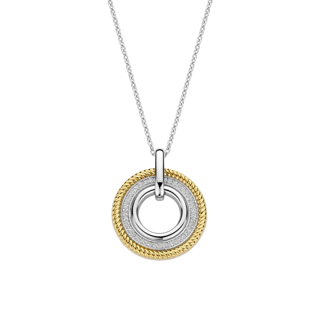 TI SENTO Sterling Silver & Gold Plated Two Tone Cubic Zirconia Set Circle Pendant Necklace