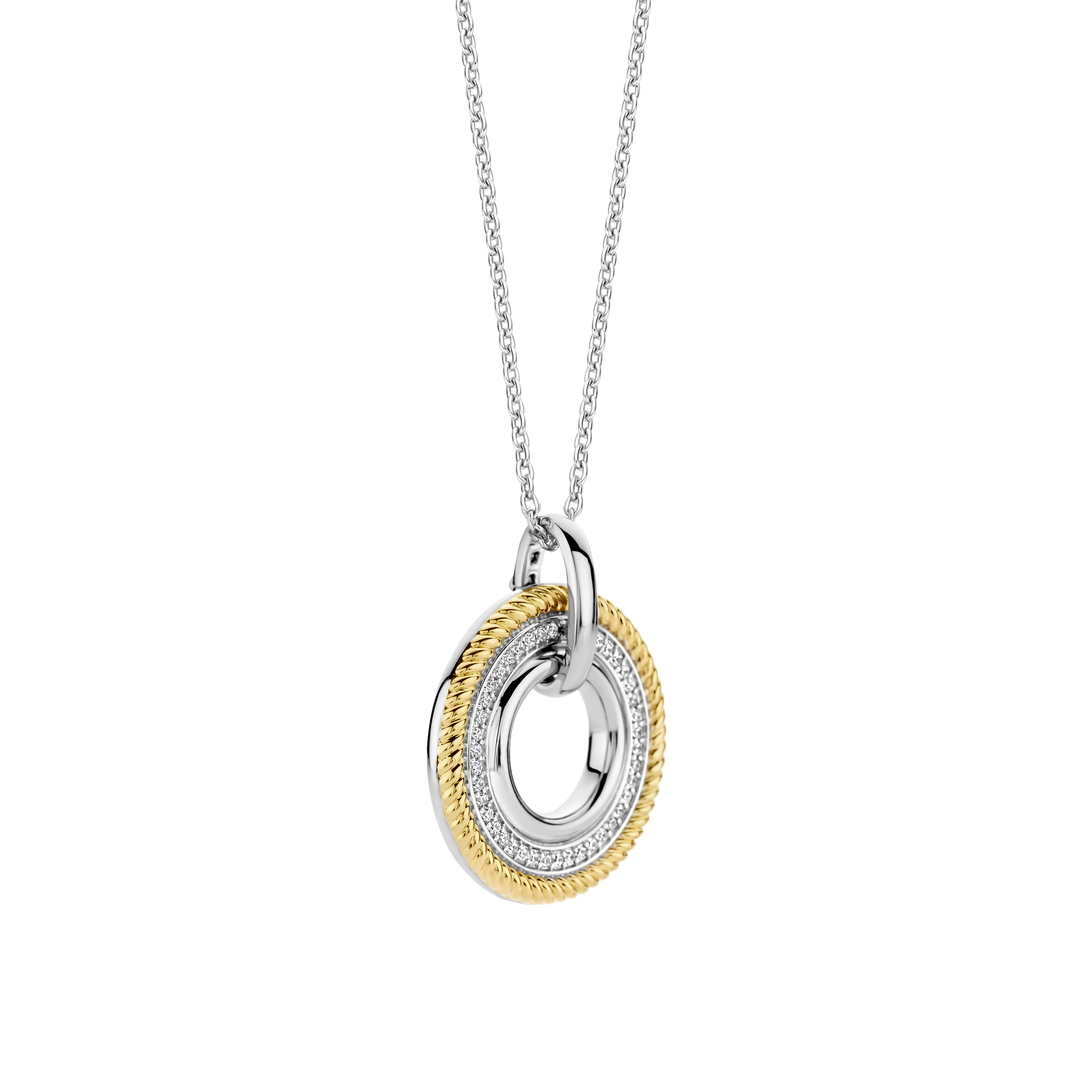 TI SENTO Sterling Silver & Gold Plated Two Tone Cubic Zirconia Set Circle Pendant Necklace
