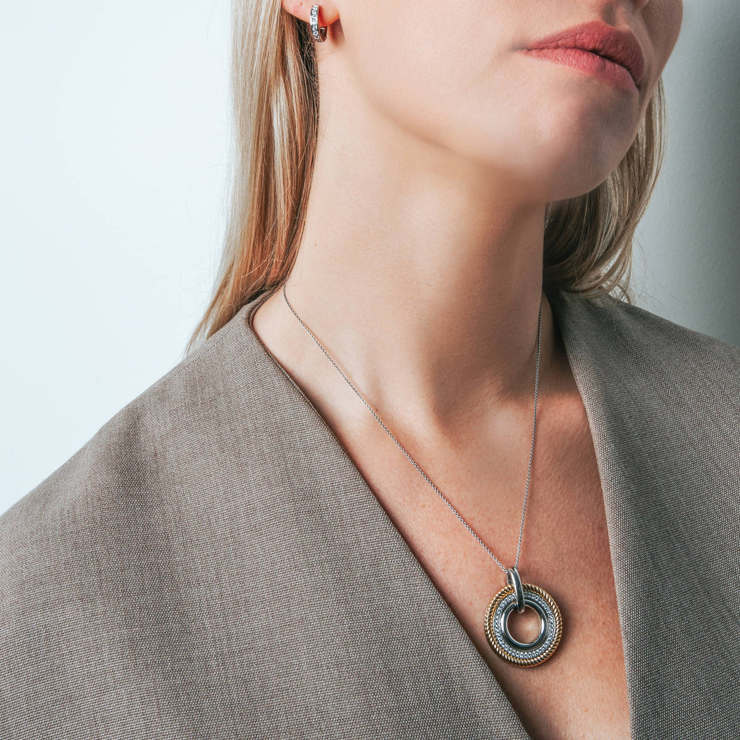 TI SENTO Sterling Silver & Gold Plated Two Tone Cubic Zirconia Set Circle Pendant Necklace