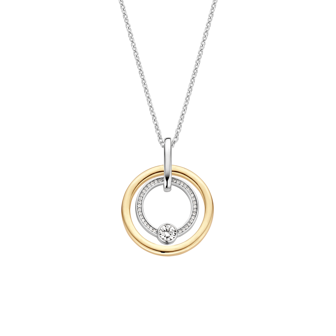 TI SENTO Sterling Silver & Gold Plated Two Tone Cubic Zirconia Set Circle Pendant Necklace
