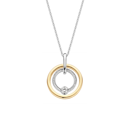 TI SENTO Sterling Silver & Gold Plated Two Tone Cubic Zirconia Set Circle Pendant Necklace