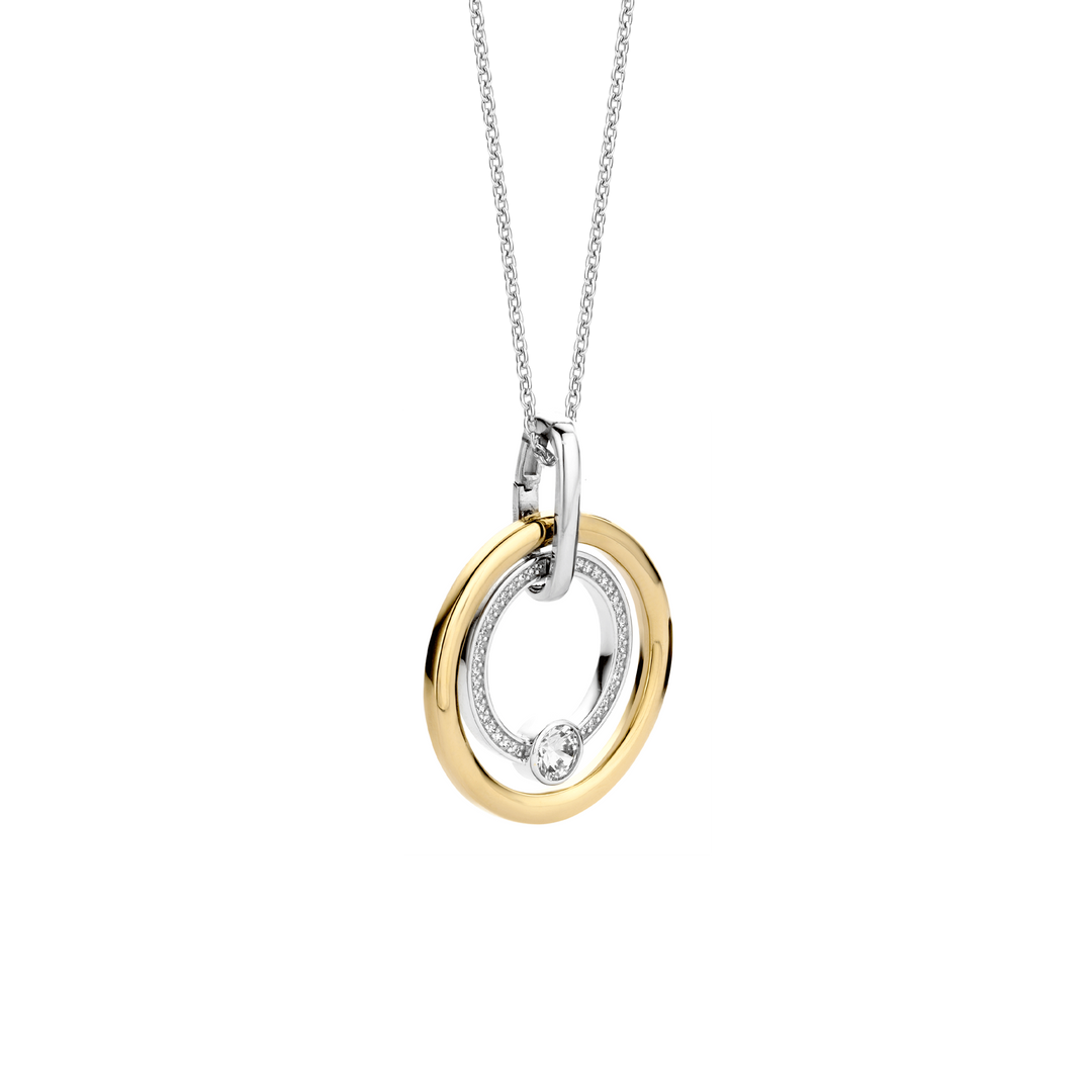TI SENTO Sterling Silver & Gold Plated Two Tone Cubic Zirconia Set Circle Pendant Necklace
