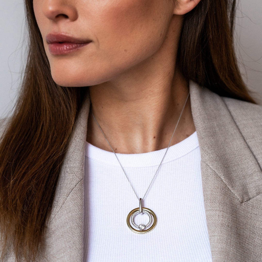 TI SENTO Sterling Silver & Gold Plated Two Tone Cubic Zirconia Set Circle Pendant Necklace