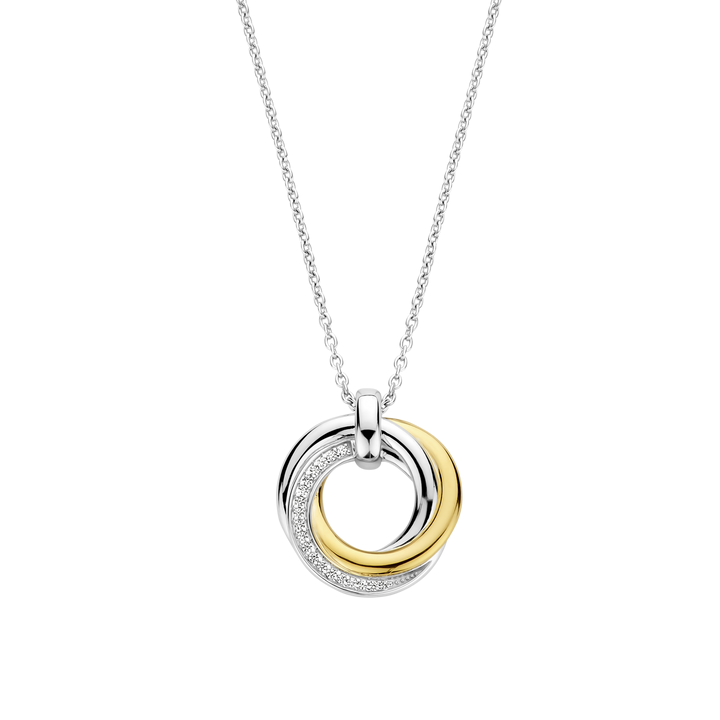TI SENTO Sterling Silver & Gold Plated Two Tone Cubic Zirconia Set Circle Swirl Pendant Necklace