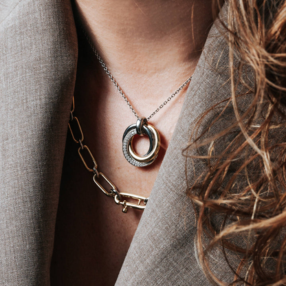 TI SENTO Sterling Silver & Gold Plated Two Tone Cubic Zirconia Set Circle Swirl Pendant Necklace