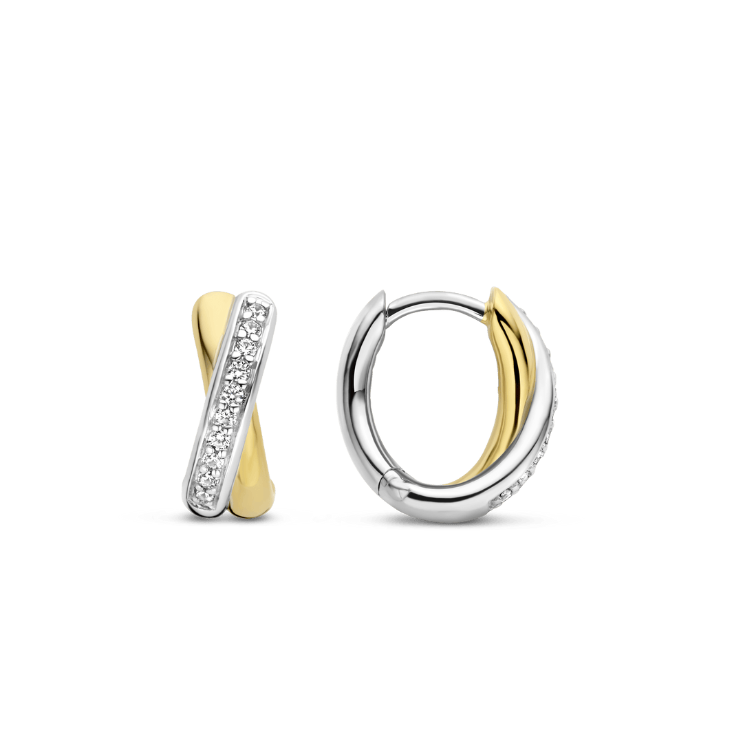 TI SENTO Sterling Silver & Gold Plated Two Tone Cubic Zirconia Set Crossover Huggy Hoop Earrings