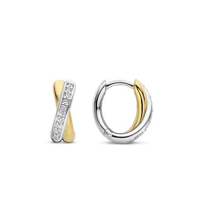 TI SENTO Sterling Silver & Gold Plated Two Tone Cubic Zirconia Set Crossover Huggy Hoop Earrings