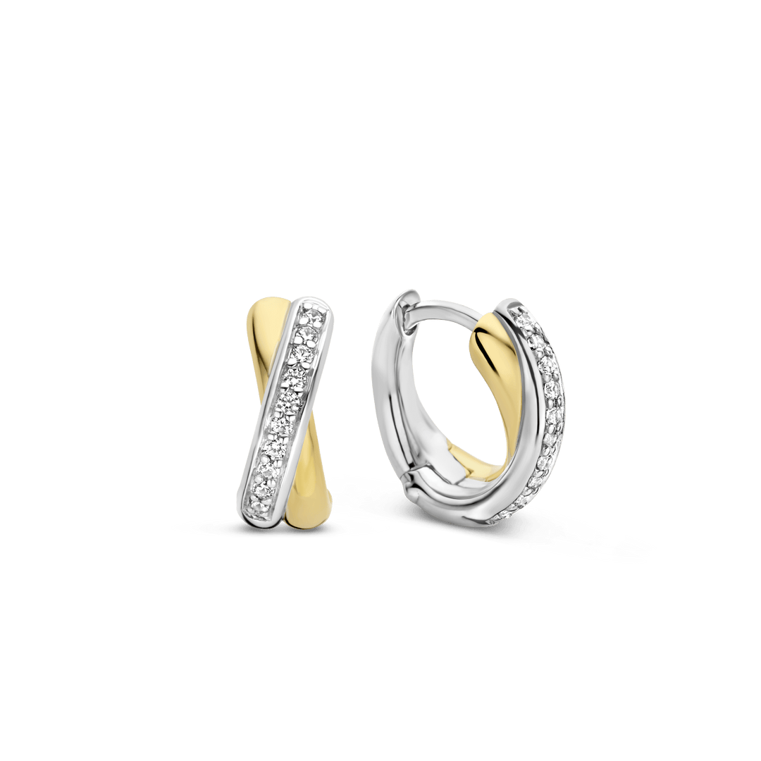 TI SENTO Sterling Silver & Gold Plated Two Tone Cubic Zirconia Set Crossover Huggy Hoop Earrings