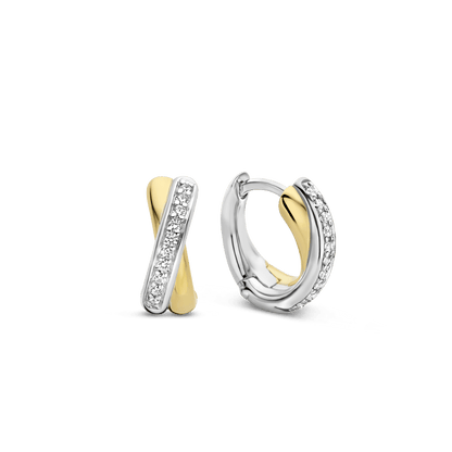 TI SENTO Sterling Silver & Gold Plated Two Tone Cubic Zirconia Set Crossover Huggy Hoop Earrings