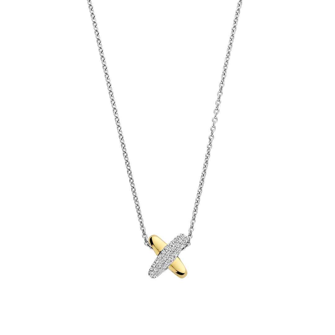 TI SENTO Sterling Silver & Gold Plated Two Tone Cubic Zirconia Set Crossover Pendant Necklace