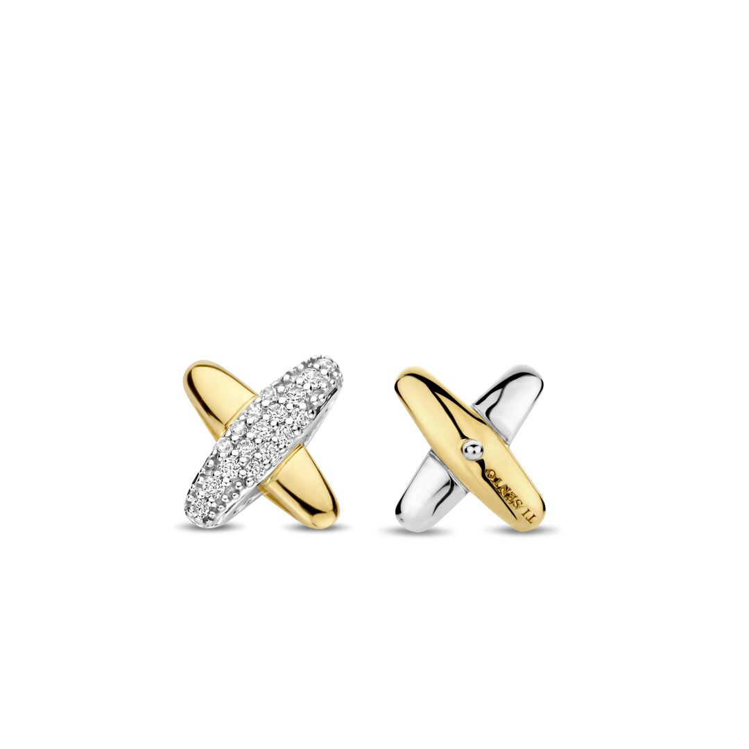 TI SENTO Sterling Silver & Gold Plated Two Tone Cubic Zirconia Set Crossover Stud Earrings