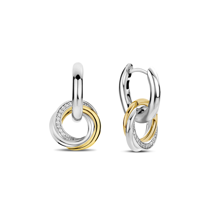 TI SENTO Sterling Silver & Gold Plated Two Tone Cubic Zirconia Set Huggy Circle Drop Earrings