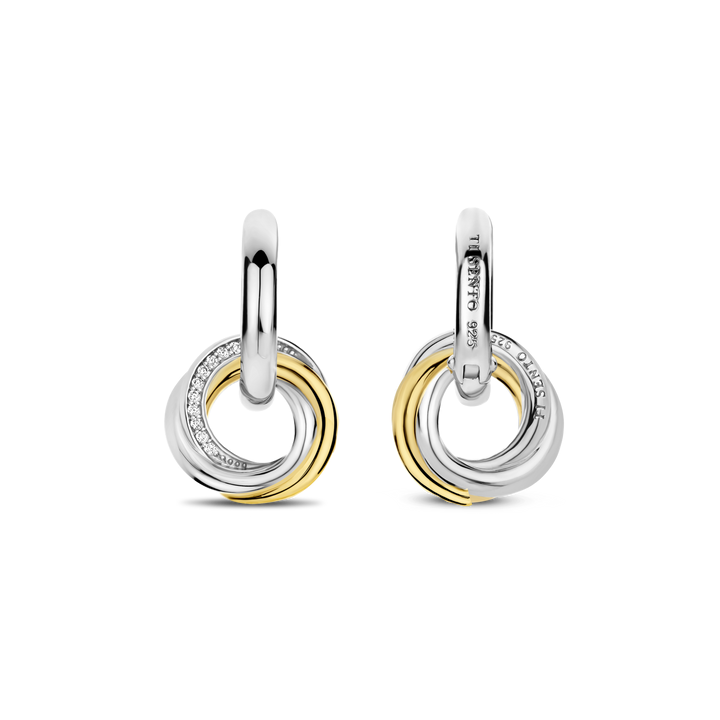 TI SENTO Sterling Silver & Gold Plated Two Tone Cubic Zirconia Set Huggy Circle Drop Earrings