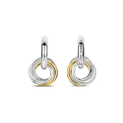 TI SENTO Sterling Silver & Gold Plated Two Tone Cubic Zirconia Set Huggy Circle Drop Earrings