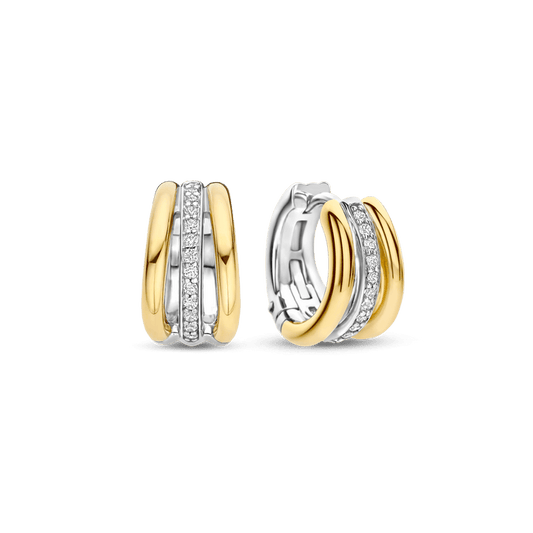 TI SENTO Sterling Silver & Gold Plated Two Tone Cubic Zirconia Set Huggy Hoop Earrings