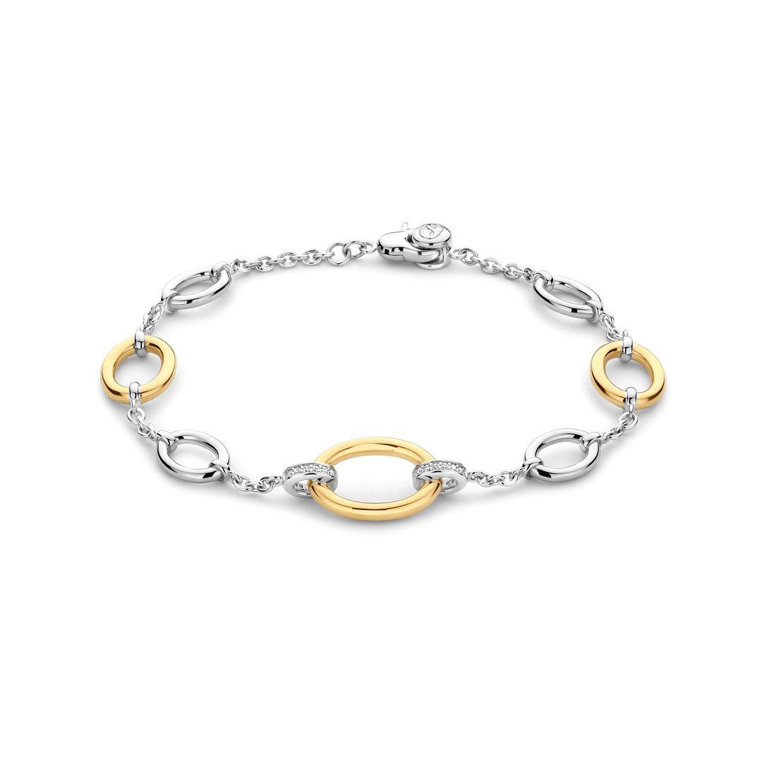 TI SENTO Sterling Silver & Gold Plated Two Tone Cubic Zirconia Set Oval Link Bracelet