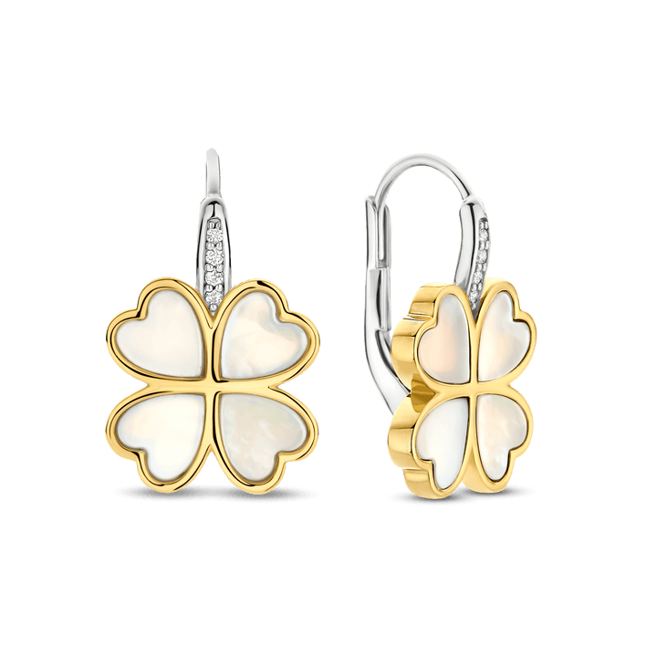 TI SENTO Sterling Silver & Gold Plated Two Tone Mother of Pearl & Cubic Zirconia Set Four Leaf Clover Drop Earrings