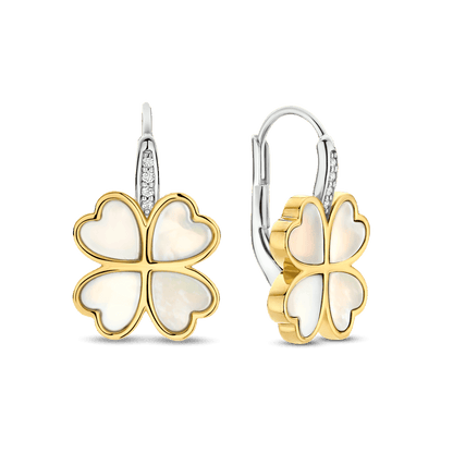 TI SENTO Sterling Silver & Gold Plated Two Tone Mother of Pearl & Cubic Zirconia Set Four Leaf Clover Drop Earrings