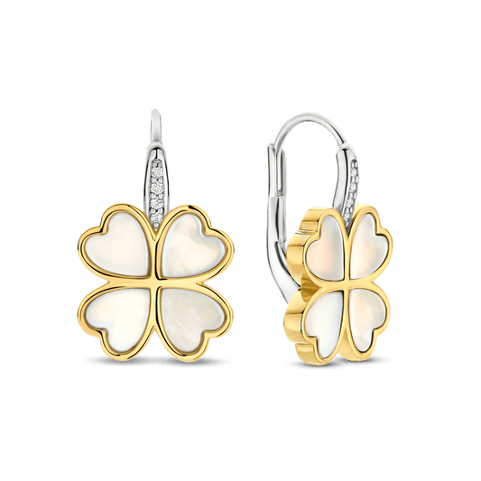 TI SENTO Sterling Silver & Gold Plated Two Tone Mother of Pearl & Cubic Zirconia Set Four Leaf Clover Drop Earrings