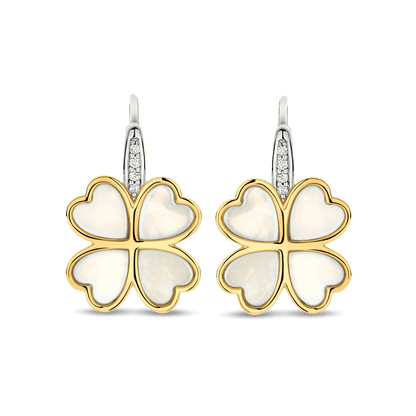 TI SENTO Sterling Silver & Gold Plated Two Tone Mother of Pearl & Cubic Zirconia Set Four Leaf Clover Drop Earrings