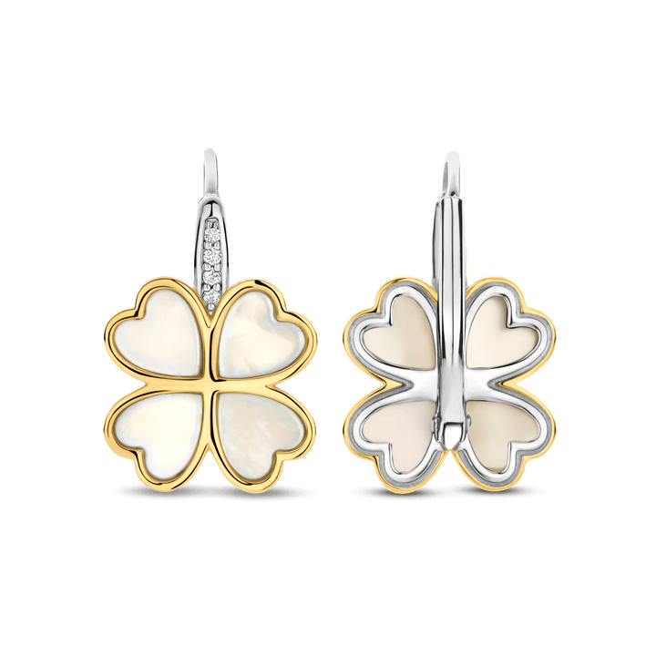 TI SENTO Sterling Silver & Gold Plated Two Tone Mother of Pearl & Cubic Zirconia Set Four Leaf Clover Drop Earrings