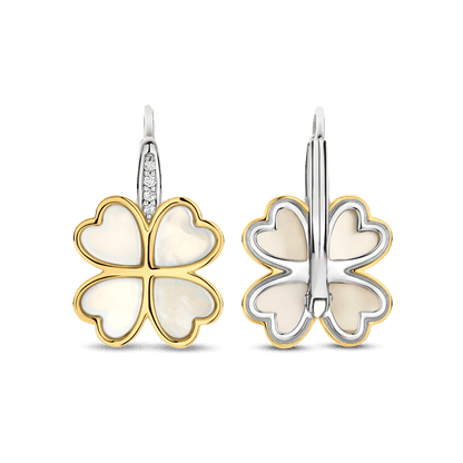 TI SENTO Sterling Silver & Gold Plated Two Tone Mother of Pearl & Cubic Zirconia Set Four Leaf Clover Drop Earrings