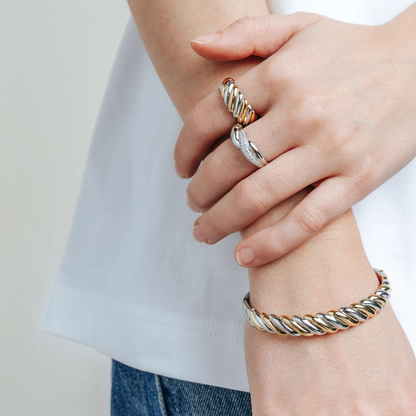 TI SENTO Sterling Silver & Gold Plated Two Tone Twist Design Hinged Bangle