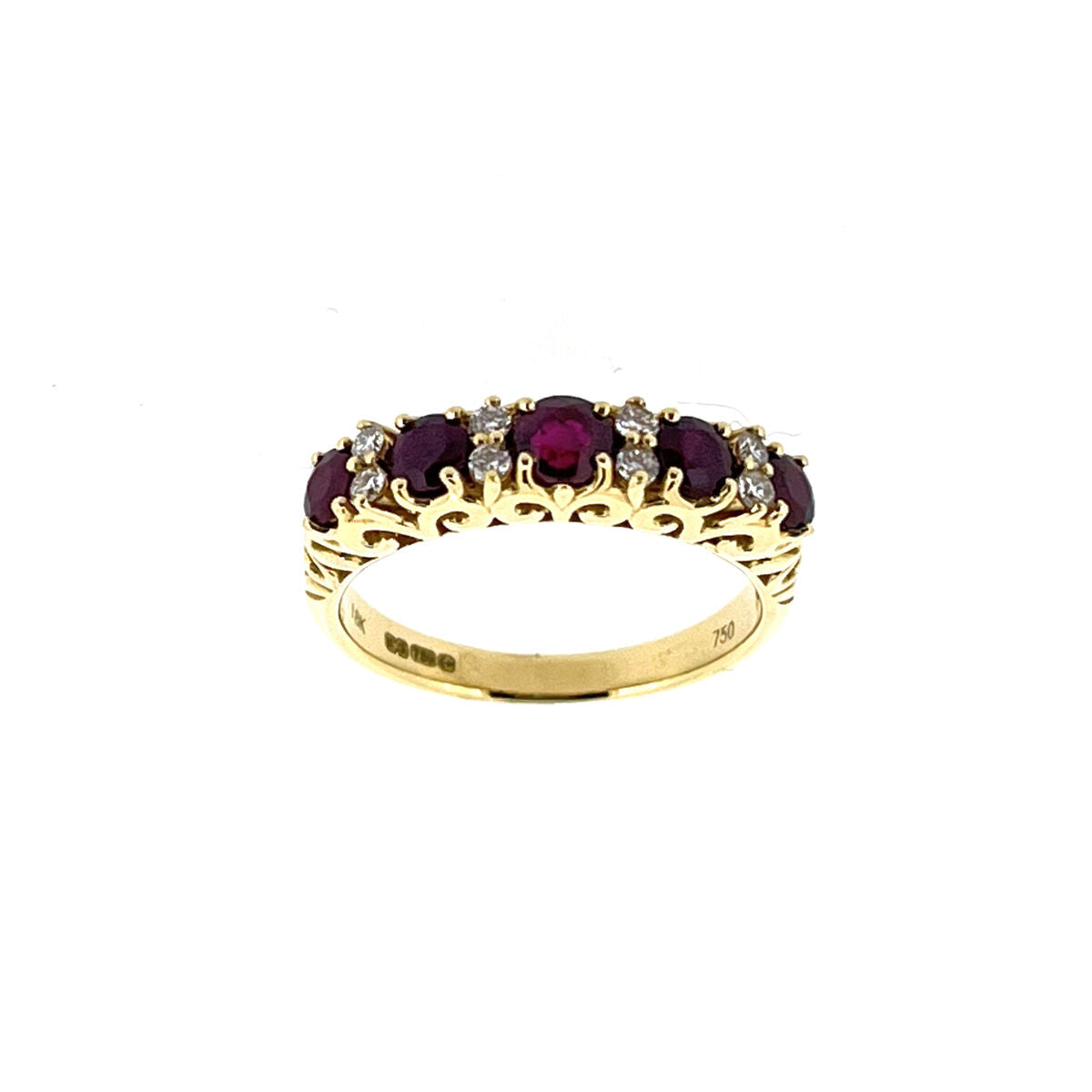 18ct Gold Claw Set Ruby & Diamond Set Victorian Style Carved Side Dress Ring