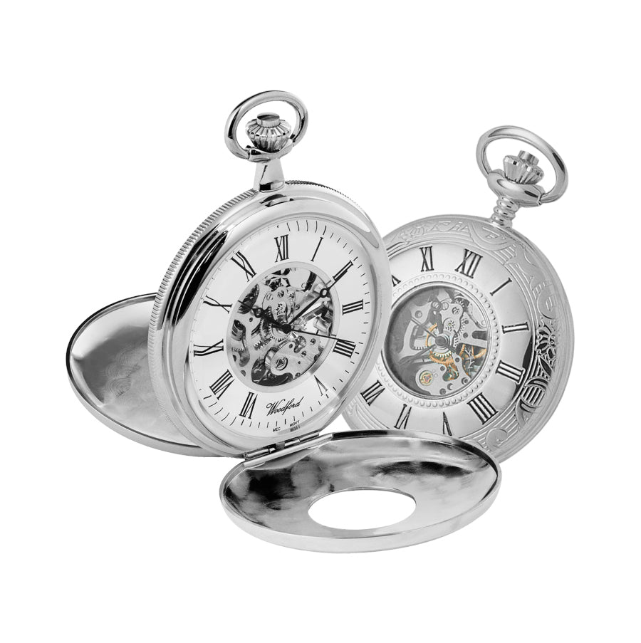 Woodford Chrome Plated Mechanical Skeleton Dial Half Hunter Pocket Watch 