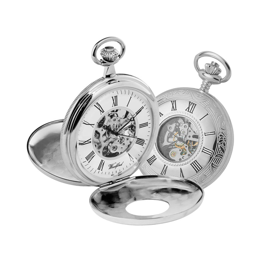 Woodford Chrome Plated Mechanical Skeleton Dial Half Hunter Pocket Watch 