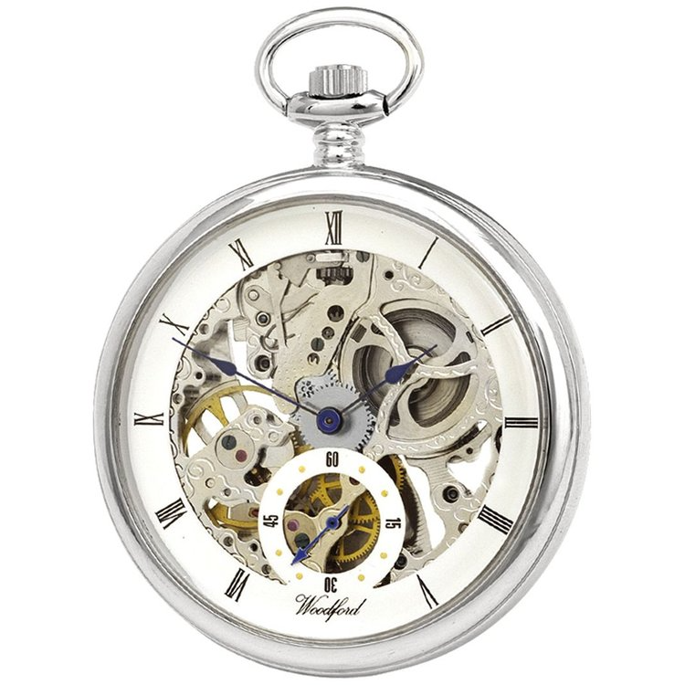 Woodford Chrome Plated Mechanical Skeleton Dial Pocket Watch 