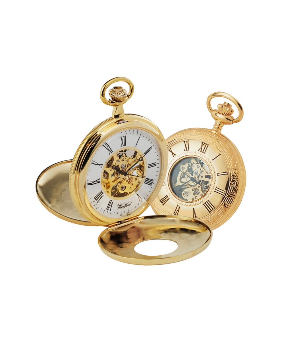 Woodford Gold Plated Mechanical Skeleton Dial Half Hunter Pocket Watch 