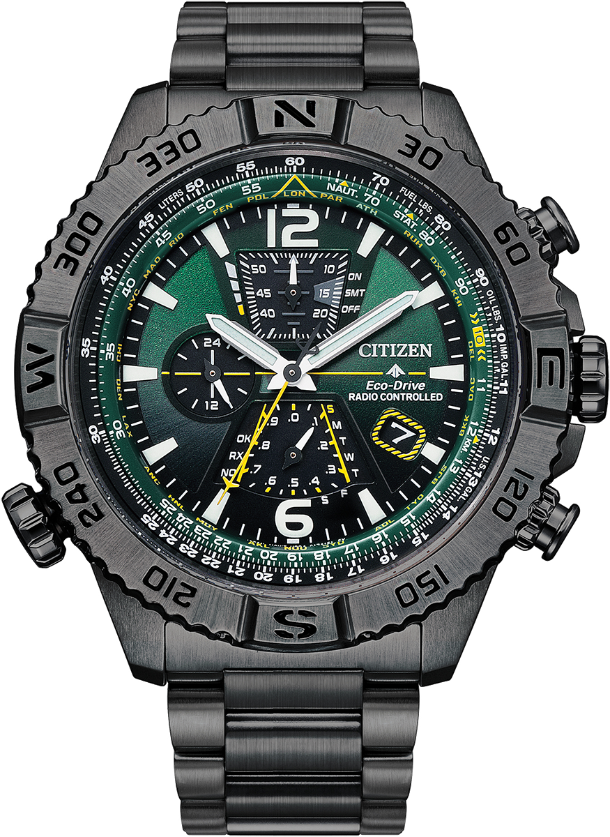Citizen Eco-Drive Navihawk A-T Green Dial Grey Ion-Plated Stainless Steel Mens Radio Controlled Chronograph Watch AT8227-56X