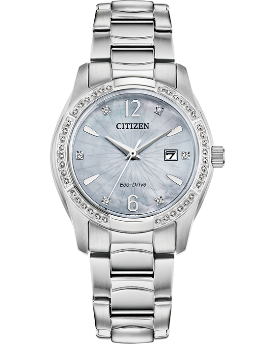 Citizen Eco-Drive Silhouette Crystal Mother of Pearl Dial Stainless Steel Womens Watch EW2570-58N