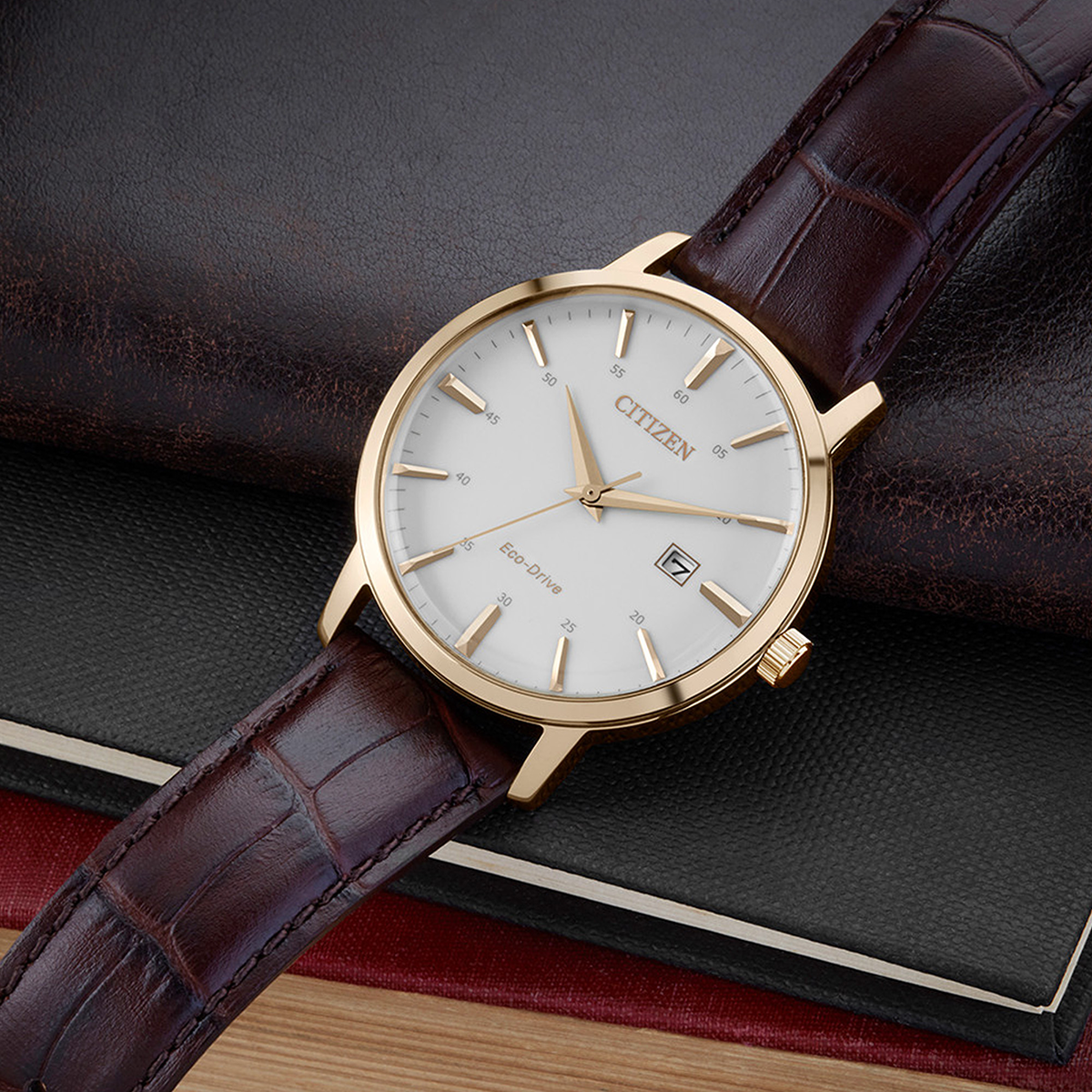 Citizen Eco-Drive White Dial Rose Gold Plated Mens Watch BM7463-12A