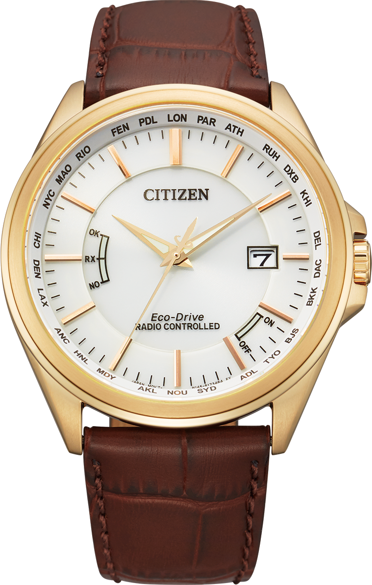 Citizen Eco-Drive World Perpetual A-T White Dial Gold Plated Mens Radio Controlled Chronograph Watch CB0253-19A