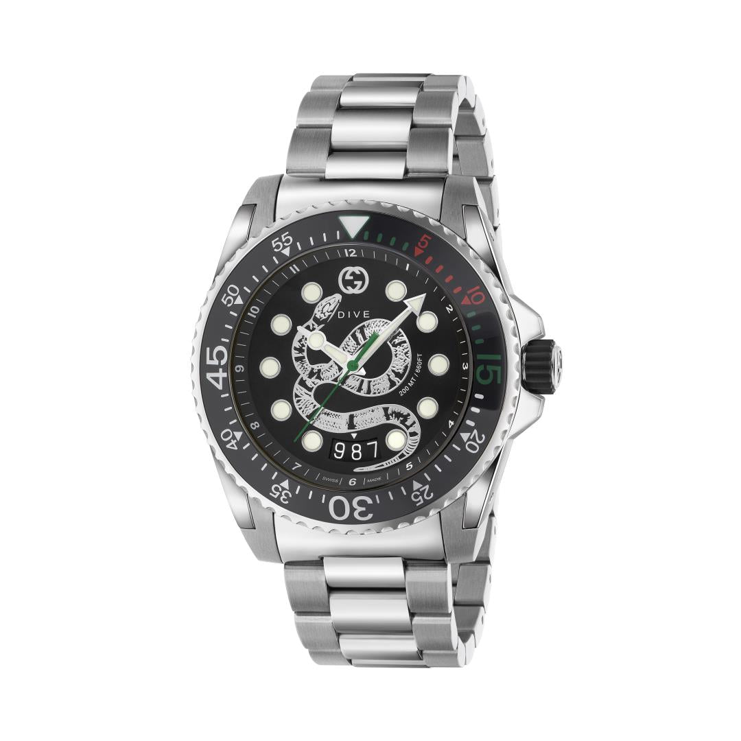 Gucci Dive Snake Black Dial Stainless Steel Mens Quartz Watch YA136218