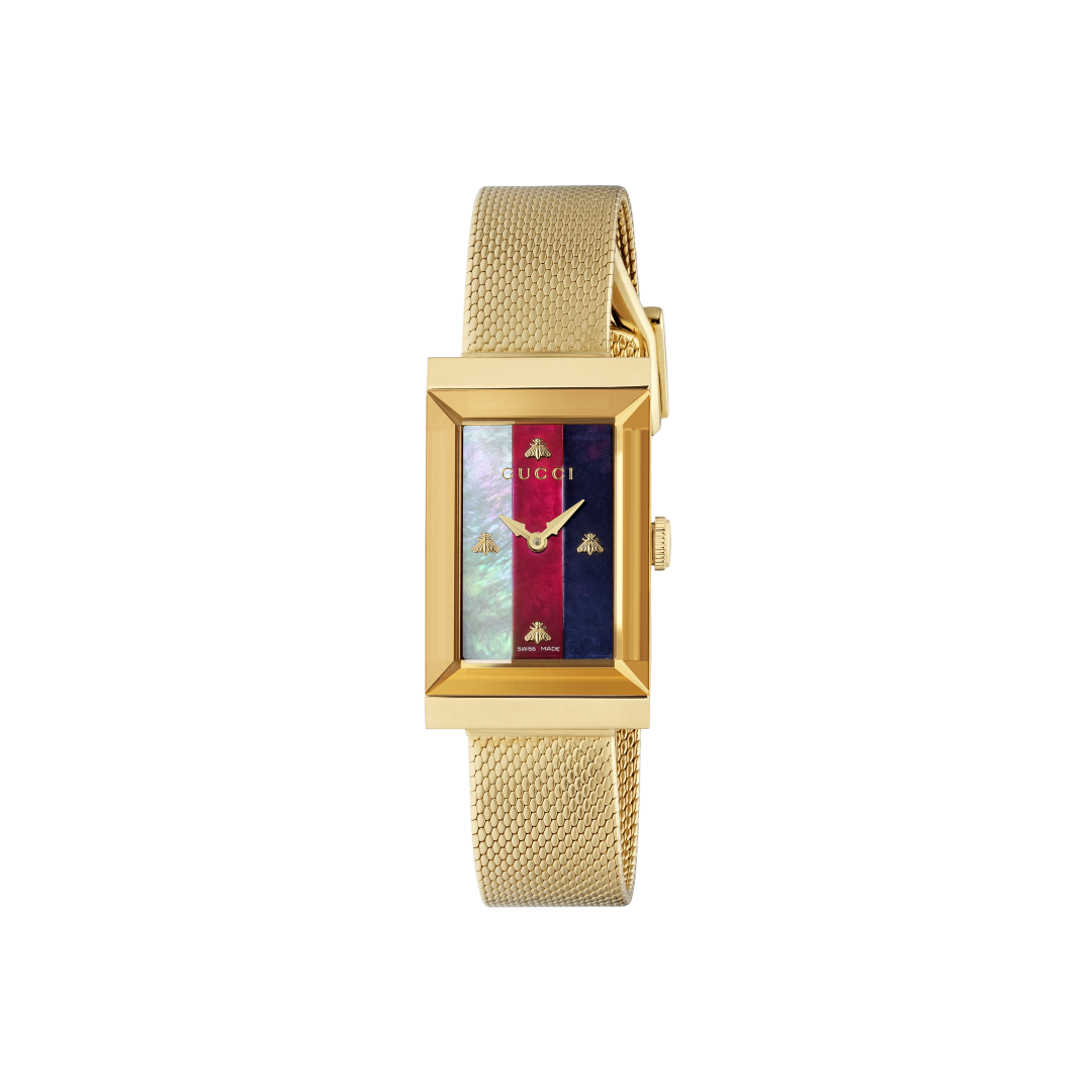 Gucci G-Frame Mother of Pearl Dial PVD Gold Plated Mesh Bracelet Womens Quartz Watch YA147410