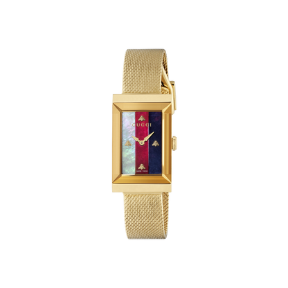 Gucci G-Frame Mother of Pearl Dial PVD Gold Plated Mesh Bracelet Womens Quartz Watch YA147410