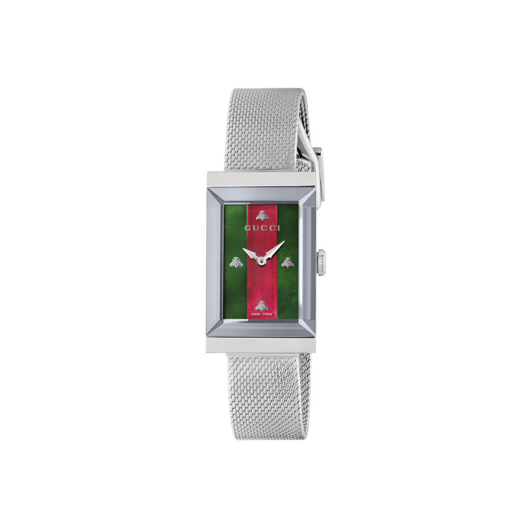 Gucci G-Frame Mother of Pearl Dial Stainless Steel Mesh Bracelet Womens Quartz Watch YA147401