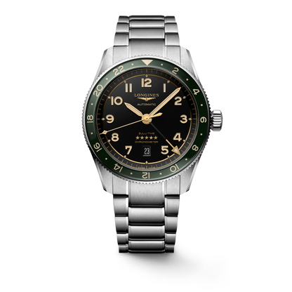 Longines Spirit Zulu Time Anthracite Dial/Green Bezel Stainless Steel Mens GMT Watch 42mm L38124636