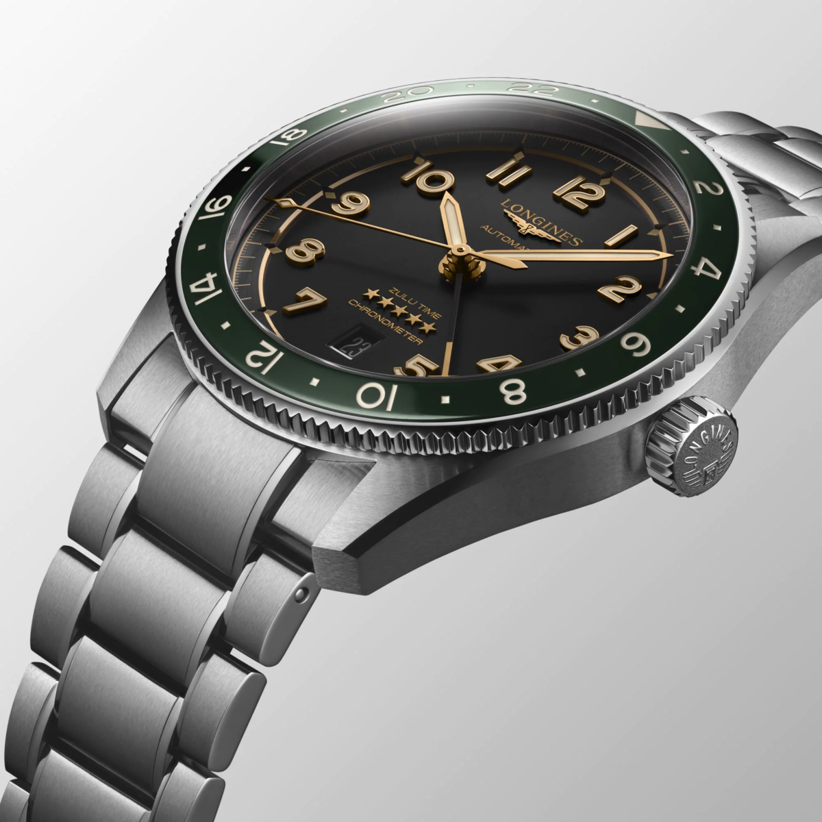 Longines Spirit Zulu Time Anthracite Dial/Green Bezel Stainless Steel Mens GMT Watch 42mm L38124636