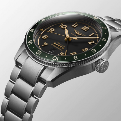 Longines Spirit Zulu Time Anthracite Dial/Green Bezel Stainless Steel Mens GMT Watch 42mm L38124636