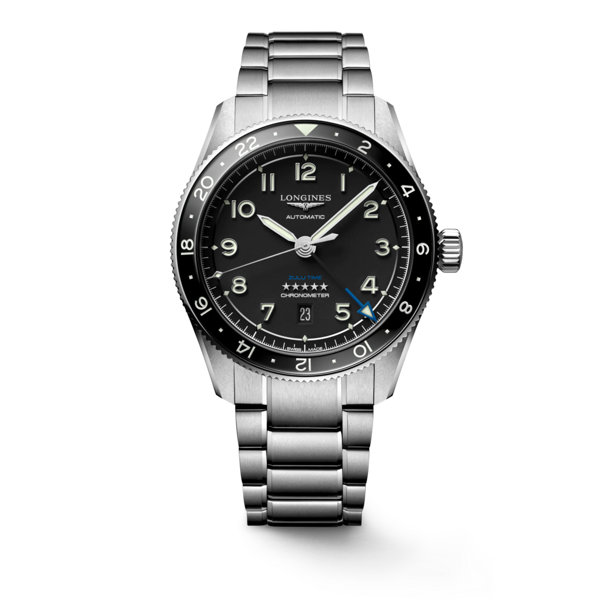 Longines Spirit Zulu Time Black Dial Stainless Steel Mens GMT Watch 42mm L38124536