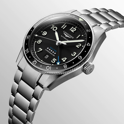 Longines Spirit Zulu Time Black Dial Stainless Steel Mens GMT Watch 42mm L38124536